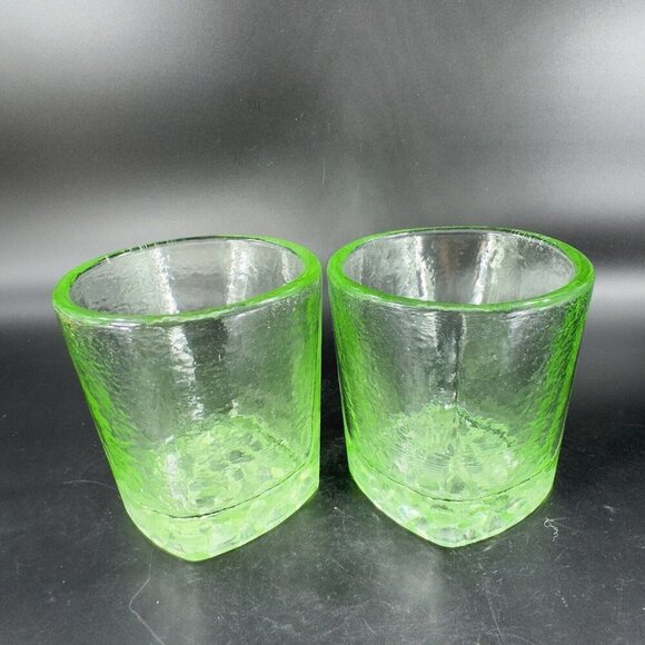 Fire & Light Green Recycled Glass Tumbler On the Rocks Square Signed Set 2 - Picture 15 of 16